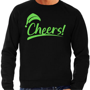 Bellatio Decorations Foute Kersttrui/sweater voor heren - cheers! - zwart - glitter groen - kerstfeest M