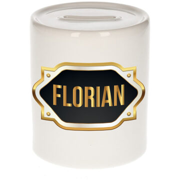 Bellatio Decorations Naam cadeau spaarpot Florian met gouden embleem Multi