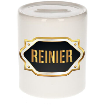 Bellatio Decorations Naam cadeau spaarpot Reinier met gouden embleem Multi