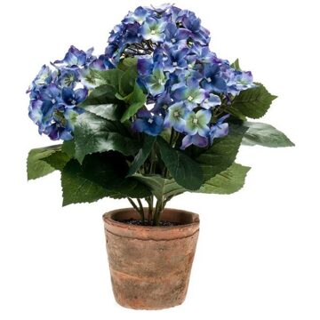 Bellatio Flowers & Plants Kunstplant Hortensia - blauw - 37 cm - in ronde terracotta pot