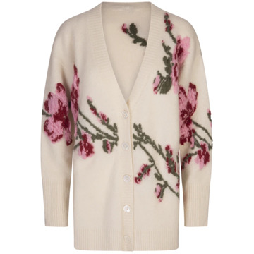 Blumarine Witte Alpaca Blend Cardigan met Jacquard Rozen Blumarine , White , Dames - M,S,Xs