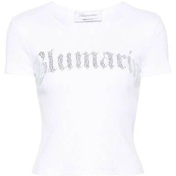 Blumarine Witte Geribbelde T-shirt met Strass Logo Blumarine , White , Dames - L,M,S