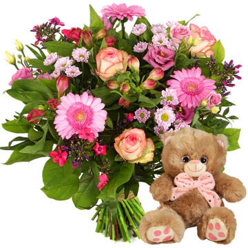 Boeket roze + knuffelbeertje