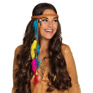 Boland Carnaval/festival hippie flower power hoofdband met gekleurde veren - Verkleedhaardecoratie Multikleur