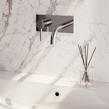 Brauer Inbouw Wastafelmengkraan Brauer Chrome Edition Coldstart Gebogen Uitloop Ronde Hendel Links Chroom PVD Met Afdekplaat Brauer