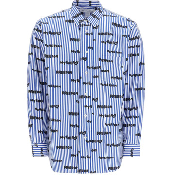 Comme Des Garçons Gestreept Bedrukt Shirt met Letters Comme des Garçons , Blue , Heren - Xl,L,M,S