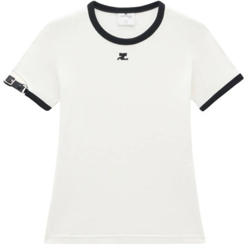 Courreges Wit Katoenen Jersey T-shirt met Logo Patch Courrèges , White , Dames