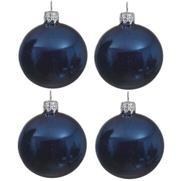 Decoris 4x Glazen kerstballen glans donkerblauw 10 cm kerstboom versiering/decoratie - Kerstbal