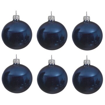 Decoris 6x Glazen kerstballen glans donkerblauw 6 cm kerstboom versiering/decoratie - Kerstbal