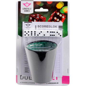 Dobbelbeker met dobbelstenen en scoreblokje