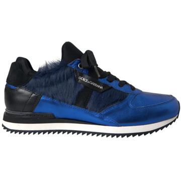 Dolce & Gabbana Blauwe Leren Sneakers met Faux Fur Dolce & Gabbana , Blue , Heren - 40 EU