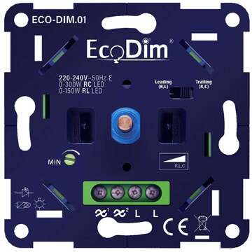 EcoDim LED Dimmer - ECO-DIM.01 - Fase Aan- en Afsnijding RLC - Inbouw - Enkel Knop - 0-300W