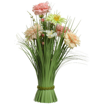 Everlands Kunstgras boeket bloemen - anjers - roze tinten - H40 cm - lente boeket