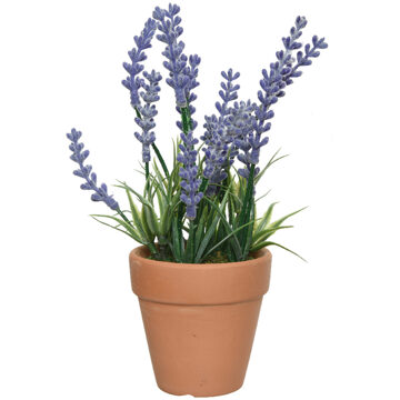 Everlands Lavendel kunstplant in terracotta pot - lila paars - D6 x H18 cm