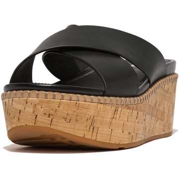 FitFlop Eloise leather/cork wedge cross slides Zwart - 36