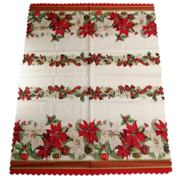 Gerimport Kerst thema print tafelkleed van 150 x 250 cm - Kerstbloemen print in ecru/groen/rood