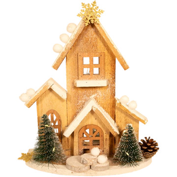 Houten kersthuis + LED H 29cm X B 21cm