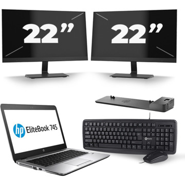 HP EliteBook 745 G3 - AMD PRO A10-8700B - 14 inch - 8GB RAM - 240GB SSD - Windows 11 + 2x 22 inch Monitor