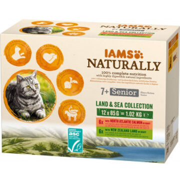 Iams Naturally 7+ Senior Land & Sea - Kattenvoer - 12x85 gram - Zalm - 1,02 kg