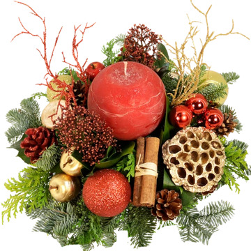 Kerststuk rood-goud met rode bolkaars