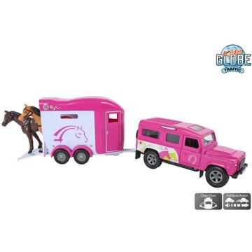Kids Globe Land Rover met trailer 26cm roze