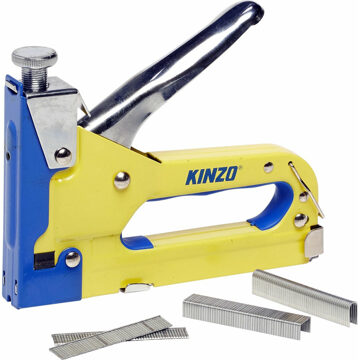 Kinzo Tacker Nietmachine - incl. 1500 Spijkers en Nieten - voor Vloerbedekking en Hout - Traploos Instelbaar Geel