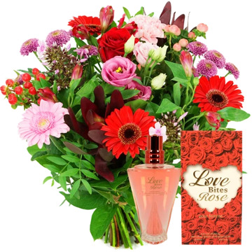Liefdes boeket roze - rood + rozenspray