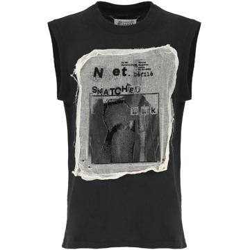 MAISON MARGIELA Zwarte Mouwloze Katoenen T-shirt met Contrasterende Print Maison Margiela , Black , Dames - Xl,Xs