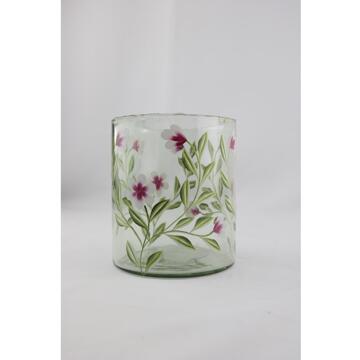 mansion atmosphere Windlicht glas met roze bloemen 13x13x15cm groen