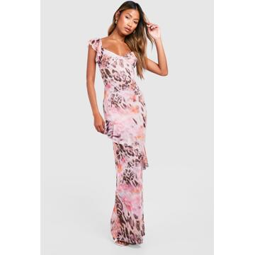 Mesh Luipaardprint Maxi Jurk Met Ruches, Leopard - 46