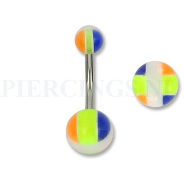 Navelpiercing acryl wit met blauw-UV geel en oranje