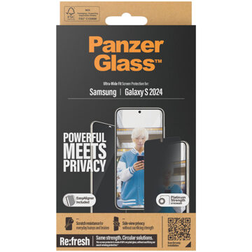 PanzerGlass Privacy Ultra-Wide Fit Anti-Bacterial Screenprotector incl. applicator voor de Samsung Galaxy S24 Transparant