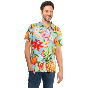 partychimp Tropical party Hawaii blouse heren - bloemen/fruit - blauw - carnaval/themafeest 50 (M)