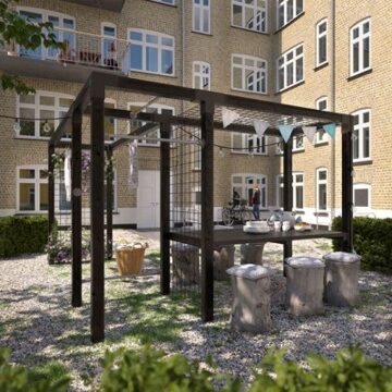 Pergola hout met tafel, fitness en waslijn - 369/297 x 108 x 208 cm Zwart