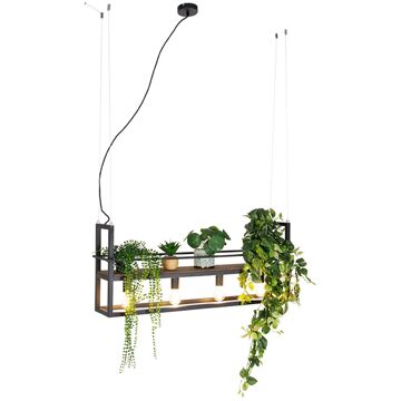 QAZQA Industriële hanglamp zwart met hout en rek 4-lichts - Cage Rack Bruin