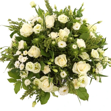 Rouwstuk rond witte rozen en bloemen