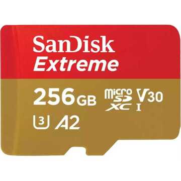 Sandisk MicroSDXC Extreme 256GB 190/130 mb/s - A2 - V30 - SDA - Rescue Pro DL 1Y Micro SD-kaart Rood