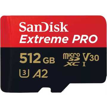 Sandisk MicroSDXC Extreme PRO 512GB 200/140 mb/s - A2 - V30 - SDA - Rescue Pro DL 2 Micro SD-kaart Zwart