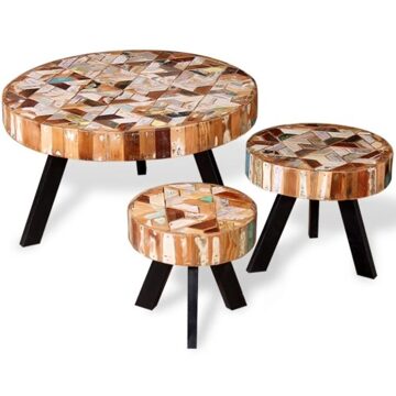 Set of coffee tables solid recycled wood three units