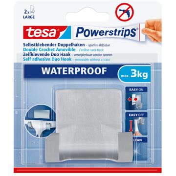 tesa Powerstrips RVS dubbele haak waterproof Tesa 1 stuks - Handdoekhaakjes Zilverkleurig