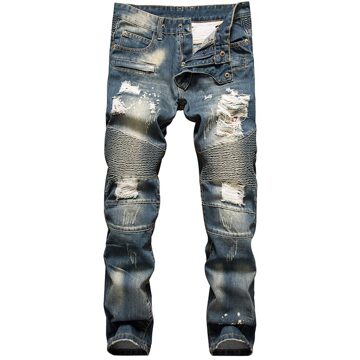 Verontruste Stretch Ripped Biker Jeans Mannen Hip Hop Met Gaten Punk Denim Broek 31