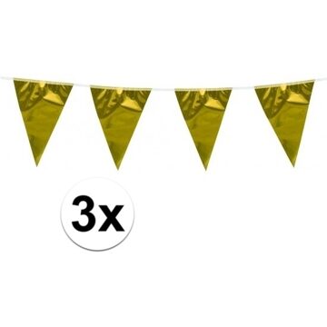 Vlaggenlijn - 3x stuks - metallic goud - 10 meter - plastic - vlaggetjes - versiering - slinger