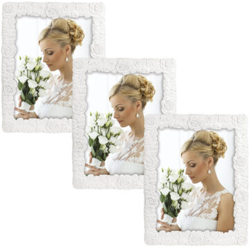 ZEP 3x stuks kunststof fotolijst wit met bloemen motief geschikt voor een foto van 15 x 20 cm